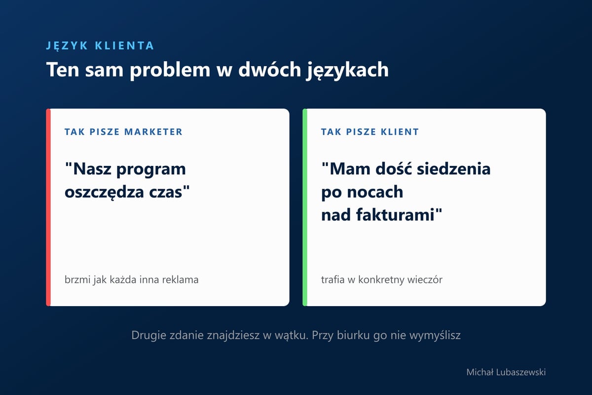 Zdanie marketera o oszczędności czasu obok zdania klienta o siedzeniu po nocach nad fakturami